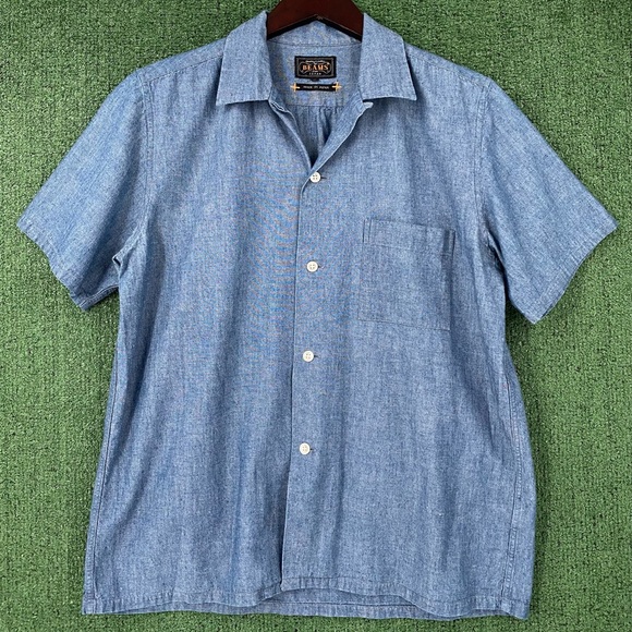 Beams Plus Blue Cotton Chambray Camp Collar Button Up Shirt Medium Made in Japan - Picture 9 of 16